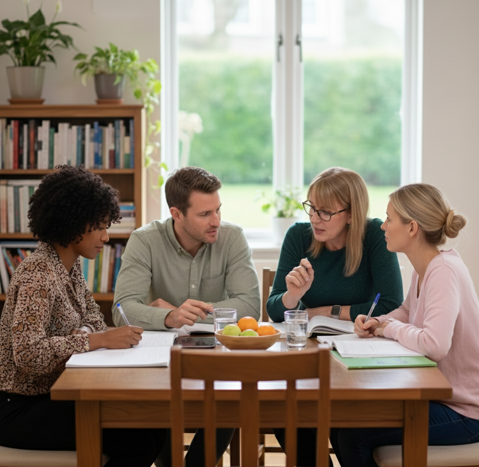 Students having a conversation practice at a cafe